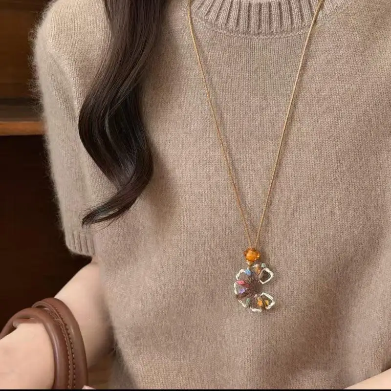 Retro Geometric Waterdrop Long Sweater Chain Necklace for Women Leather Rope Pendant Jewelry, Neck Accessory for Daily