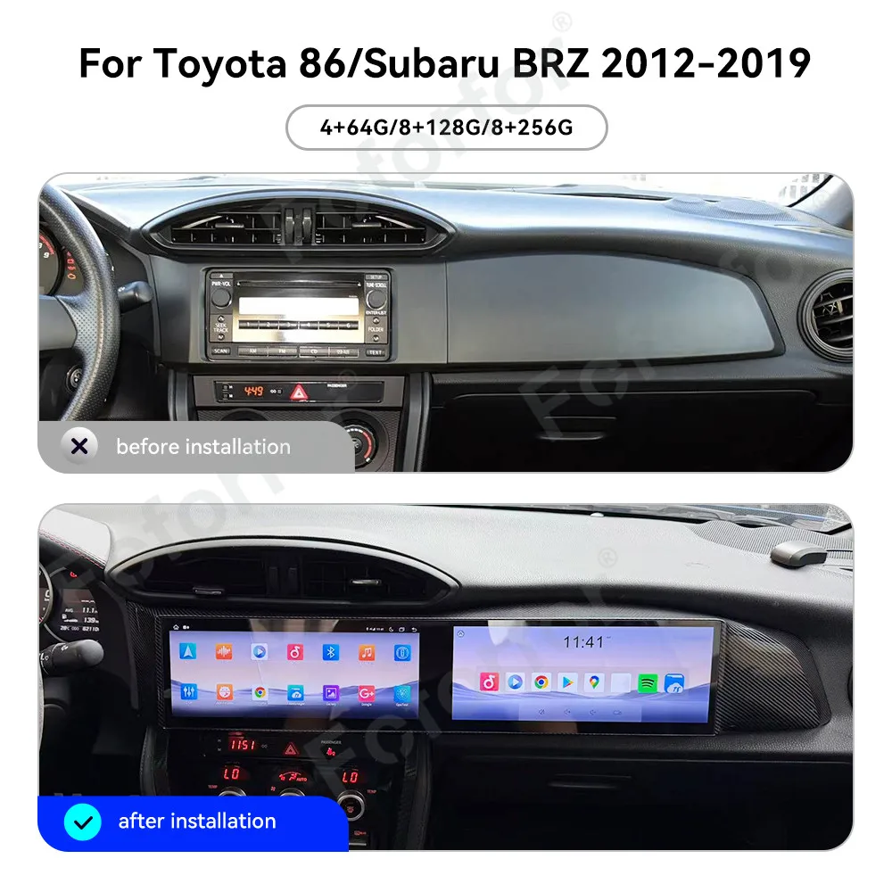 

Двухэкранный 10,25-дюймовый мультимедийный проигрыватель Qualcomm Android 14 для Toyota 86/Subaru BRZ 2012-2019 с CarPlay, GPS-навигацией и аудиосистемой