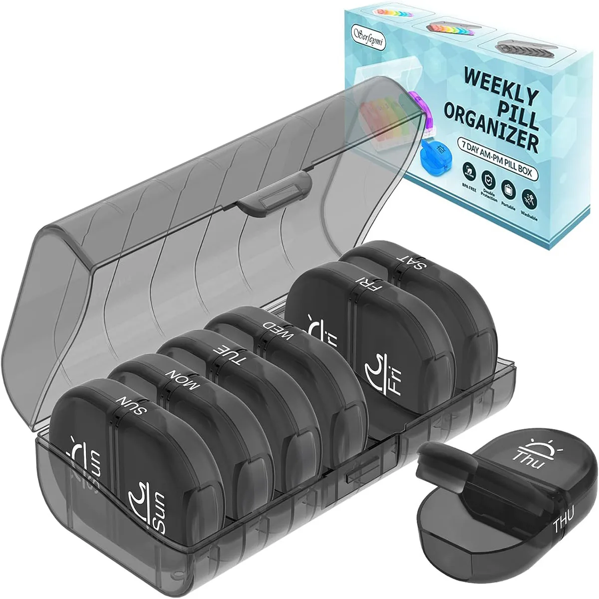 

Serfeymi Weekly Pill Organizer AM PM, 7-Day Travel Pill Case for Vitamins & Supplements