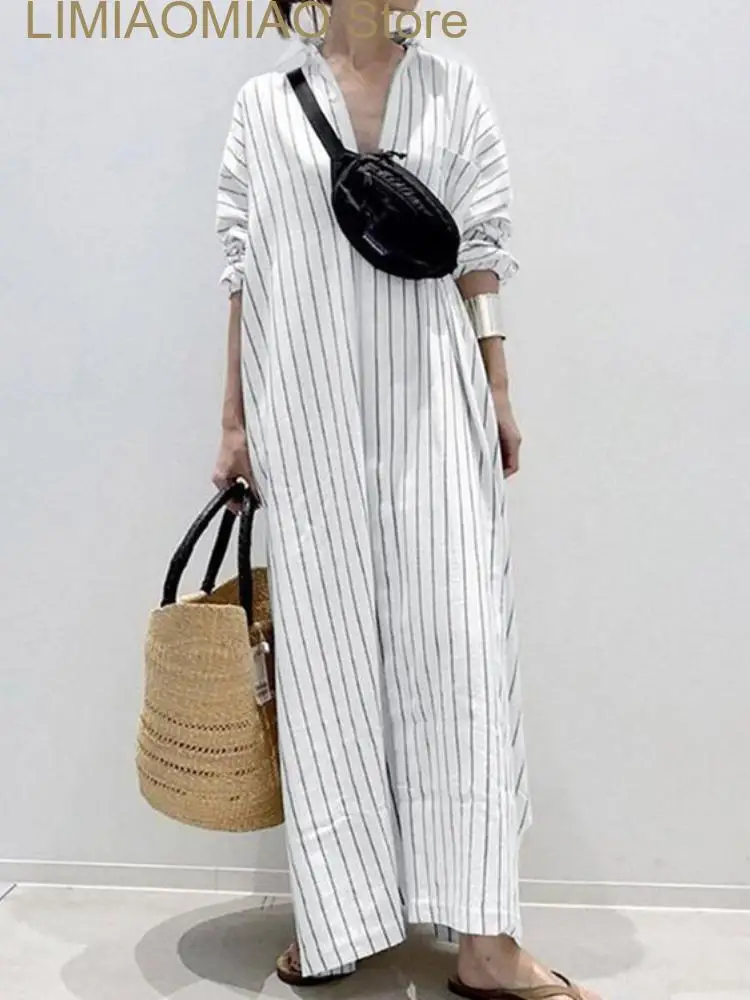 New Summer Dresses Fashion Lapel Polo Collar Temperament Commuter Stripe Loose Waist Dress for Women Cardigan Shirt Dress Robe