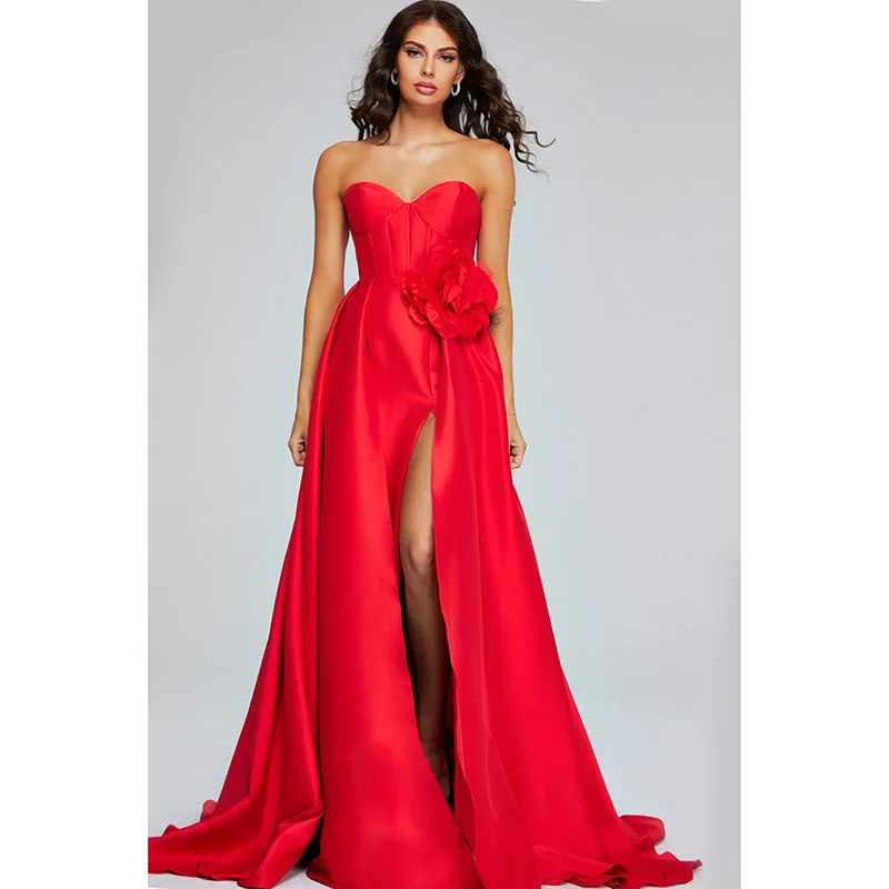 

Sexy Sweetheart Backless Women Evening Dresses A-line Red Flower Ruched Bridal Wedding Prom Gowns for Birthday Party Dress