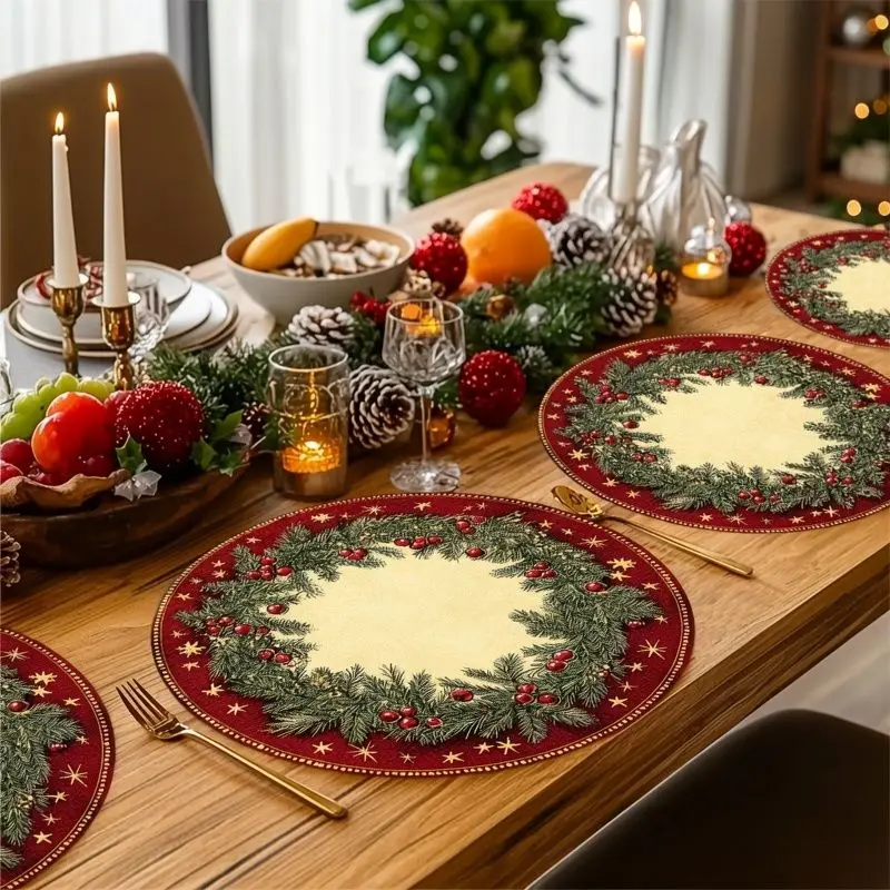 VIKAMA Evergreen Fir Berry Star Round Placemat Scarlet Canvas Conifer Crimson Fruit Gilded Sparkle Border Festive Table Mat Soft