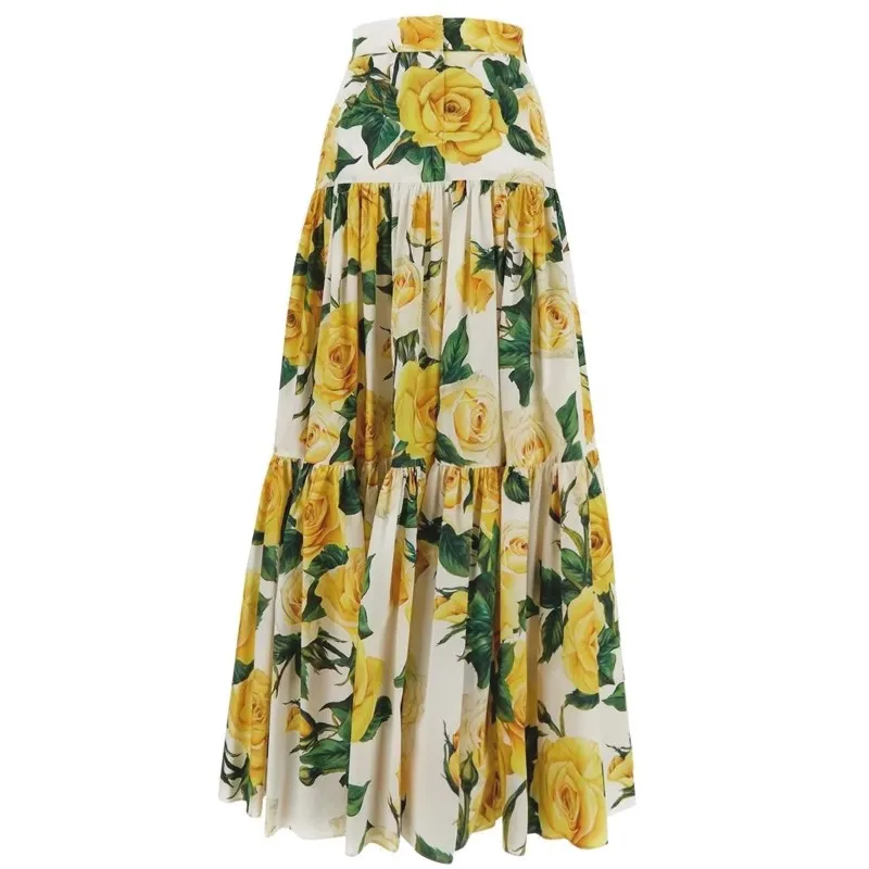 100% Cotton Skirt High Waiste Yellow Rose Floral Print Elegant Party Long Dresses For Women 2024 Luxury Brand