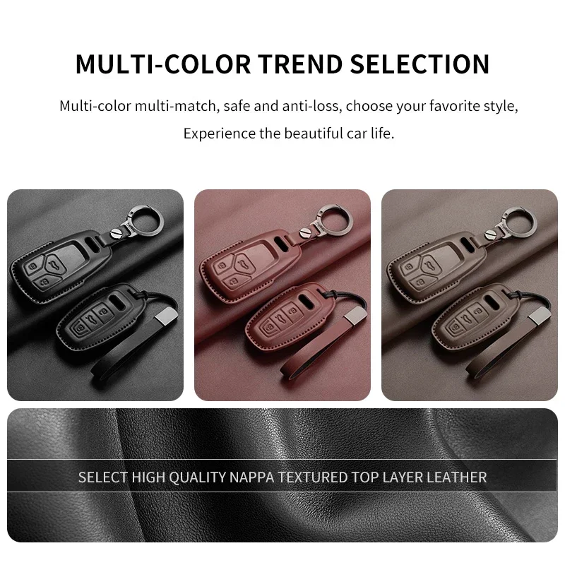 Leather Car Key Case Cover For Audi A4L A5 Q7 TT TTS A3 A4 B9 A6 A7 4K A8 E-tron Q5 Q8 C8 D5 SQ8 Car Keychain Accessories 5