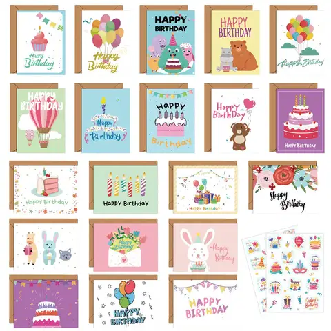 20-Pack Birthday Greeting Cards Set with Envelopes and Stickers,Cartoon Pattern, Multi-Design Paper Cards for Any Recipient