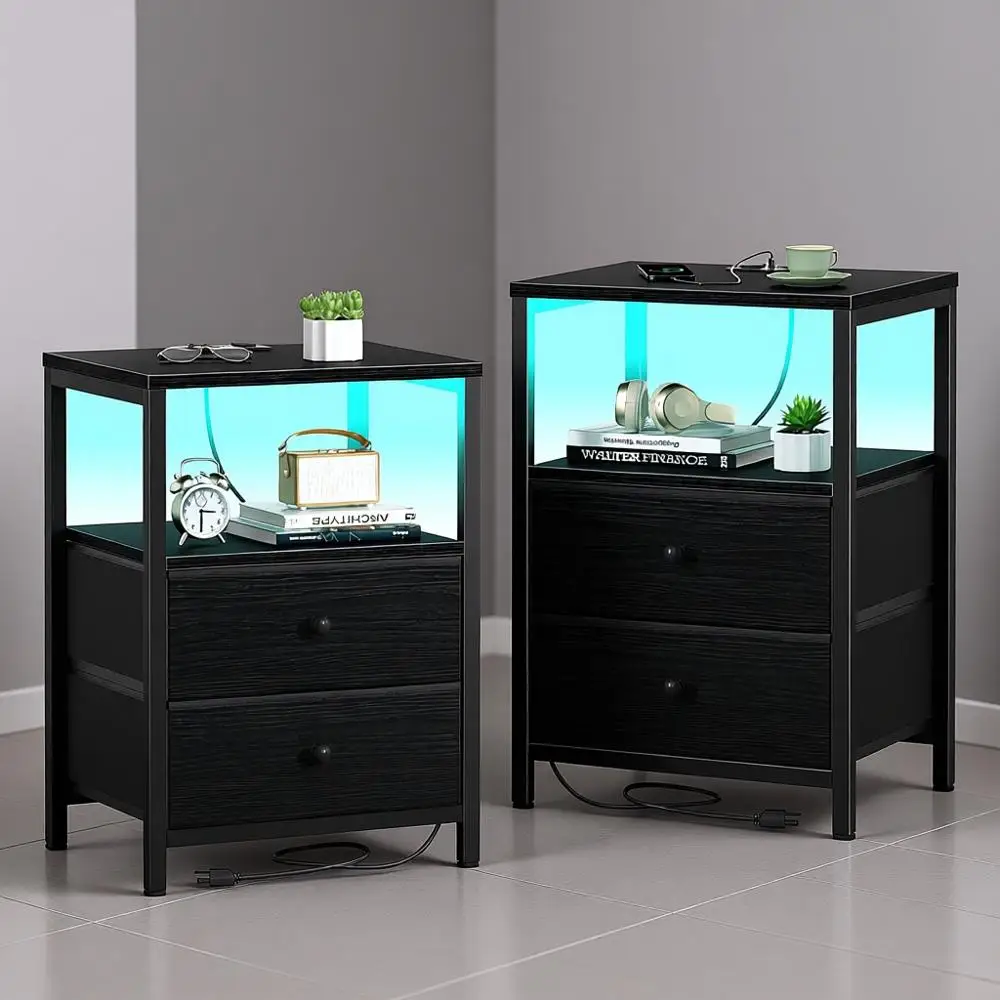 

Black Nightstands Set of 2, Bedroom Night Stand Set Two Nightstand with Charging Station and LED Light, Bedside Table with 2 Fab