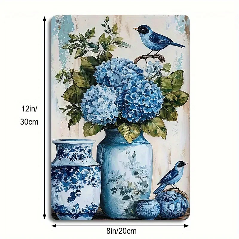 1pc Vintage Blue Hydrangea & Bird Metal Wall Art Sign - Rustic Farmhouse 8x12 Inch Iron Signboard