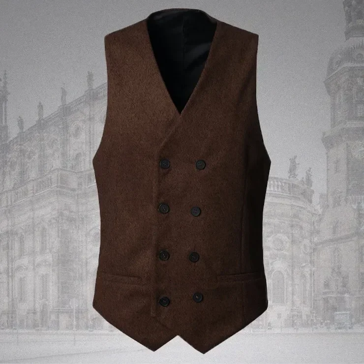 

Brown Warm Classic Tweed Men Vest Double Breasted Jacket High Quality Custom Slim Fit Tuxedo Prom Groom Blazer Set Costume Homme