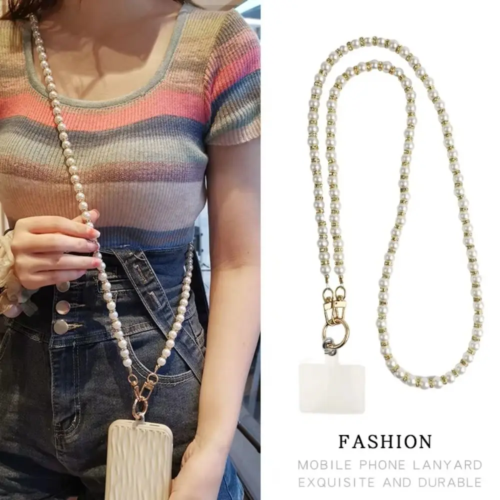 

Single Shoulder Pearl Phone Lanyard Crossbody With Patch Bead Phone Chain Handmade Glitter Cellphone Straps Phone Charm