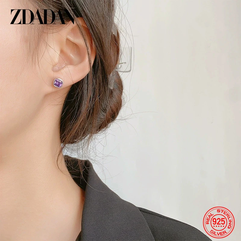 ZDADAN 925 Sterling Silver 8mm Square Amethyst Earring For Women Wedding Jewelry
