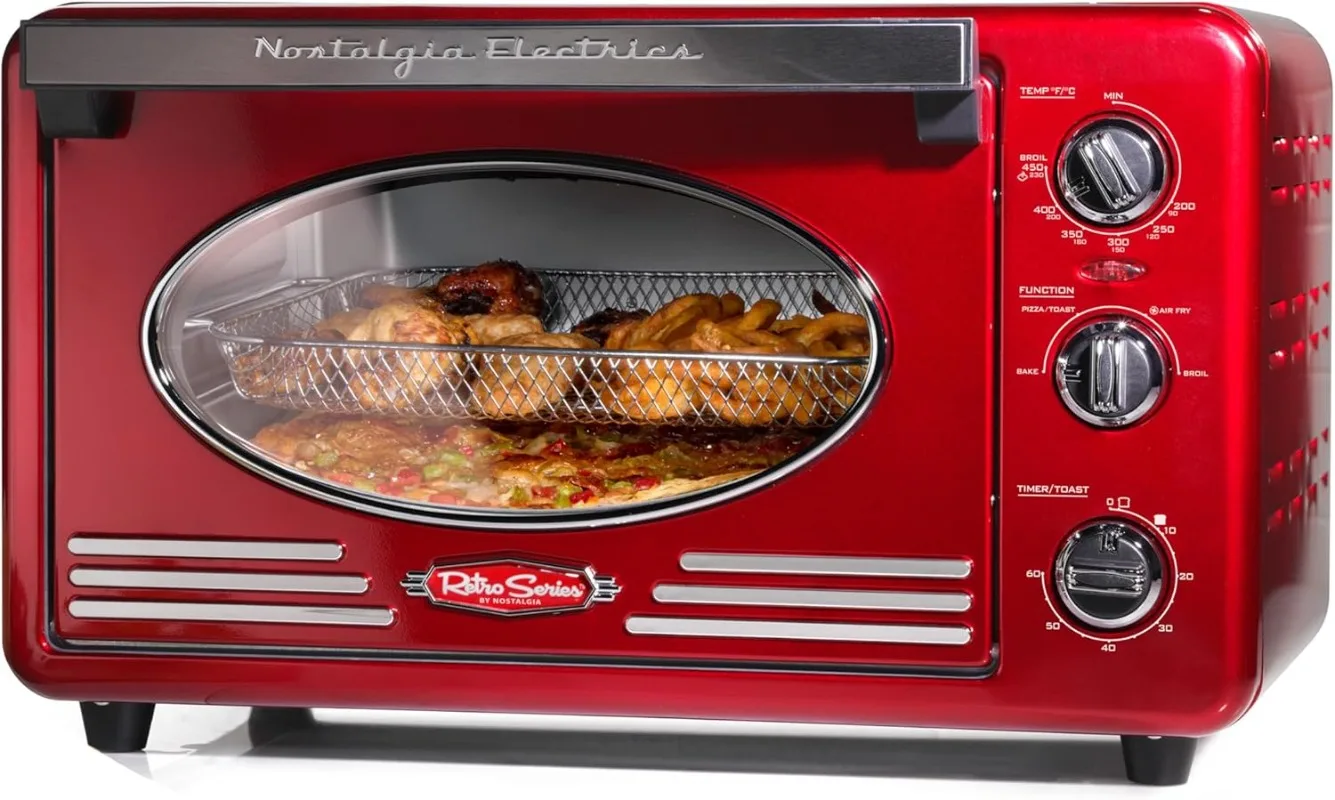 Retro Air Fryer Oven, Fits Slices of Bread Two 12 in. Pizzas-Includes Baking Pan and Frying Basket, 21 Qt, Metallic Red