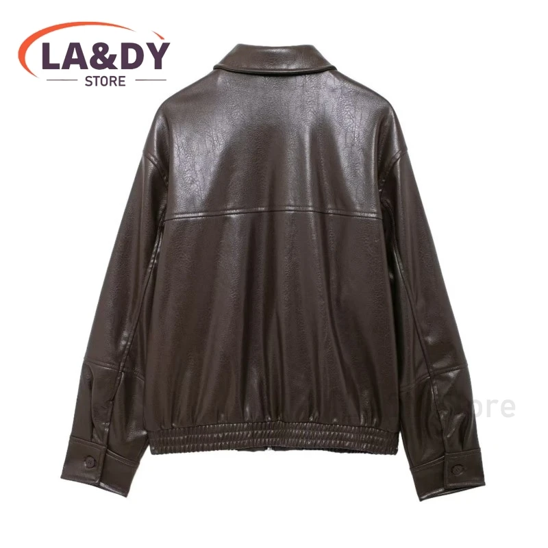 Leather Jacket Coat Women 2024 Autumn Fashion Lapel Zipper Female Solid Color Casual Long Sleeve Pockets Top Outerwear