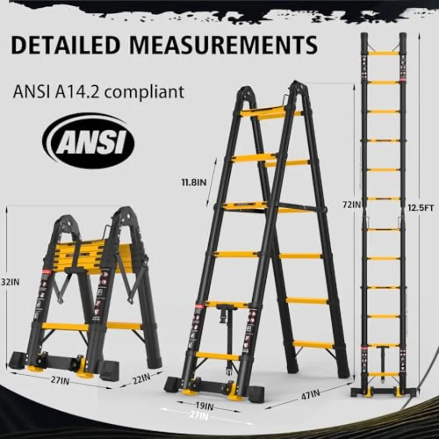 12.5 FT Telescoping A Frame Ladder 6 Step ANSI Certified Type IA Heavy Duty 330lbs Max Capacity Aluminum Extension Ladder for H
