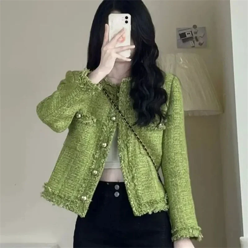 

2025 New Autumn Winter Korean Short Tweed Coat Women Long Sleeve Small Fragrance Jacket Vintage Casual Jackets Female Outerwear