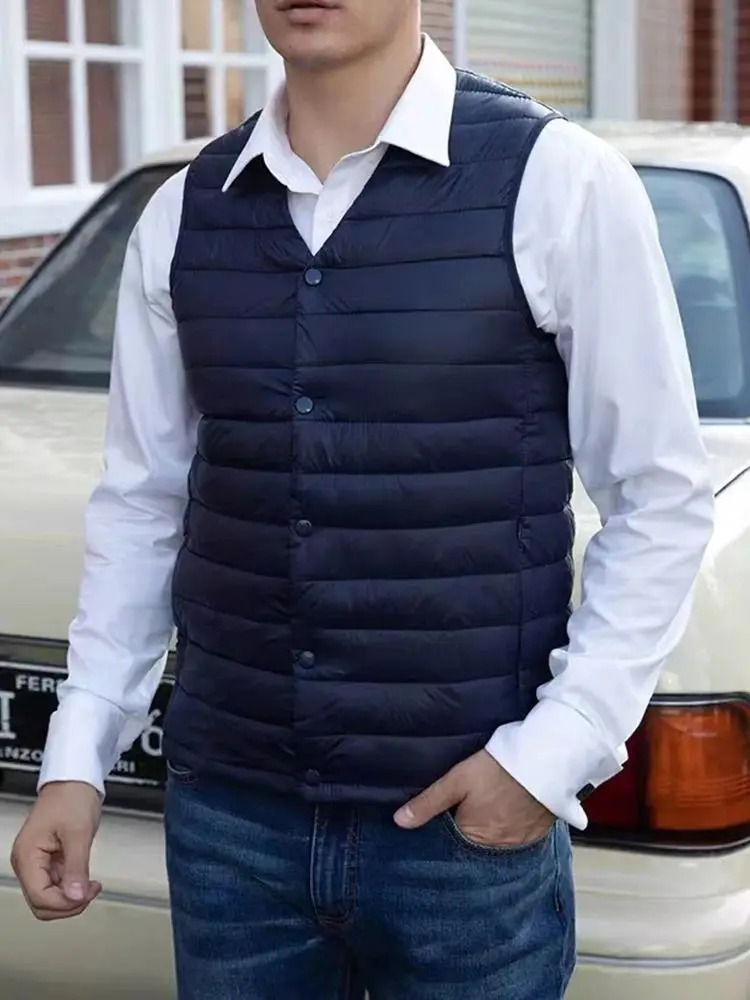 

2023 Winter Men's V-Neck Vest 80% White Duck down Padding Long Style Youthful Popular Baseball Collar Jacket by Xunshi