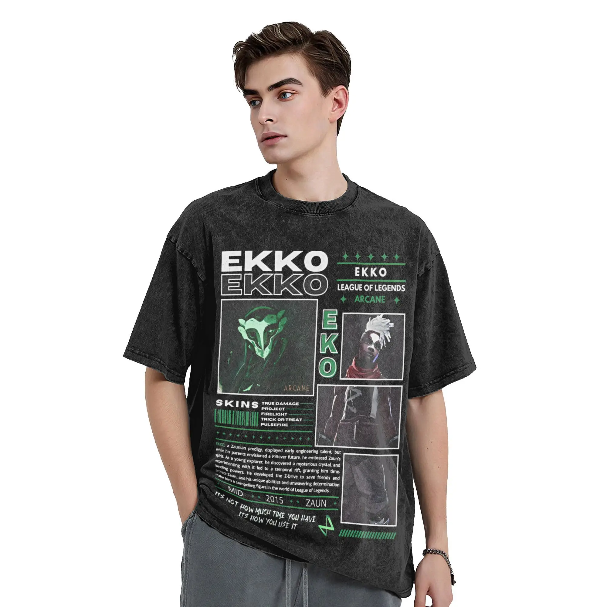 Arcane Ekko Arcane T Shirt Hip Hop Washed Short Sleeve Street T-Shirt  Retro for Men Women Streetwear Printed Tee Shirt