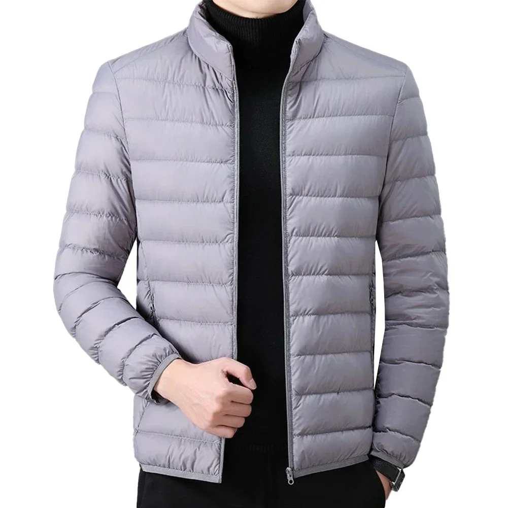 Fashion Men's Ultra Light Parkas Cotton Jacket Stand Collar Zip-up Solid Color Long Sleeve Parka Tops Coat Man Clothing