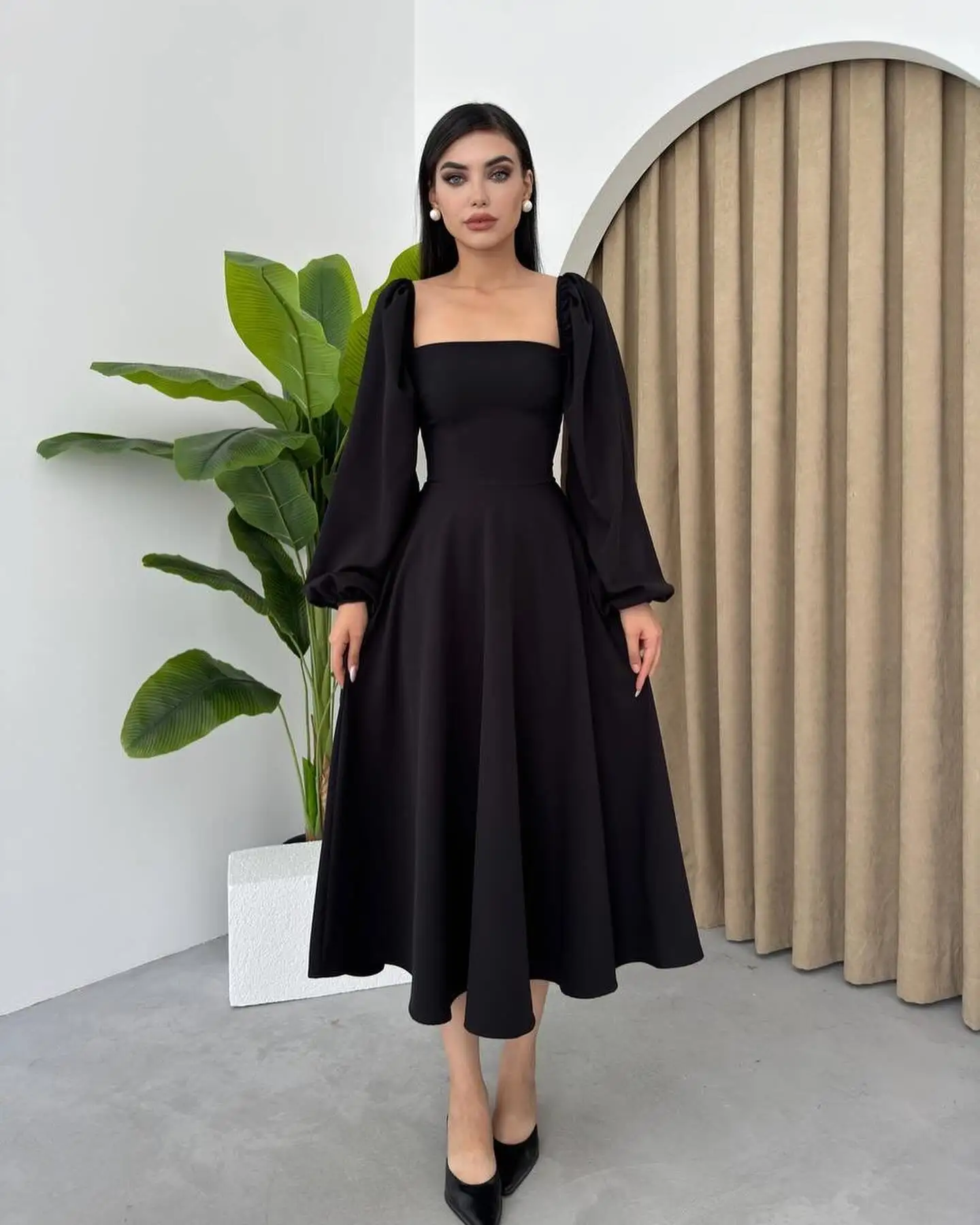 

Customized Elegant Off The Shoulder Jersey Evening Dress Delicate A-Line Tea Length Square Neck Long Sleeves Vestidos De Fiesta