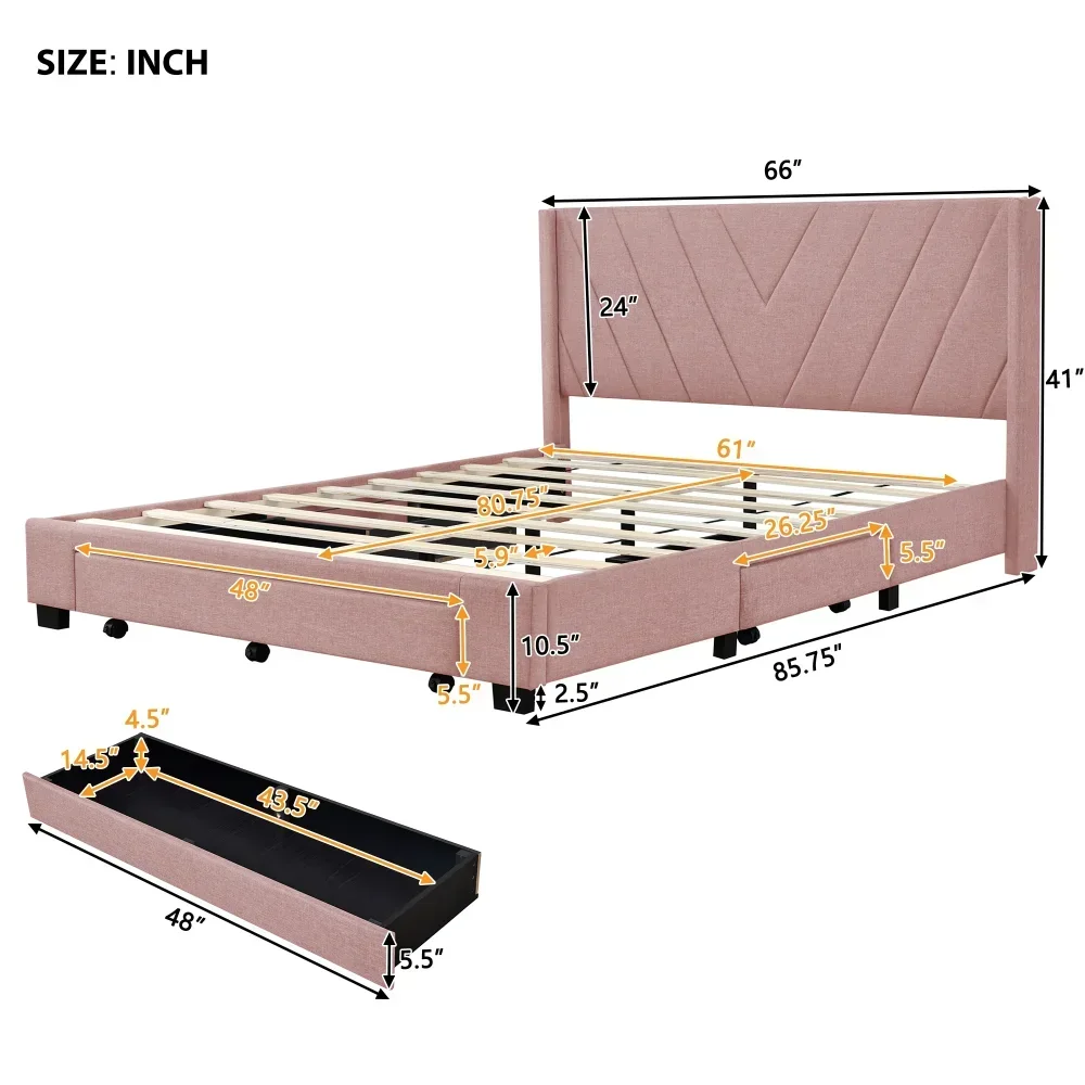 

Modern Queen Size bed with 3 drawers, Queen Size Upholstered Platform Bed with 3 Drawers for Bedroom