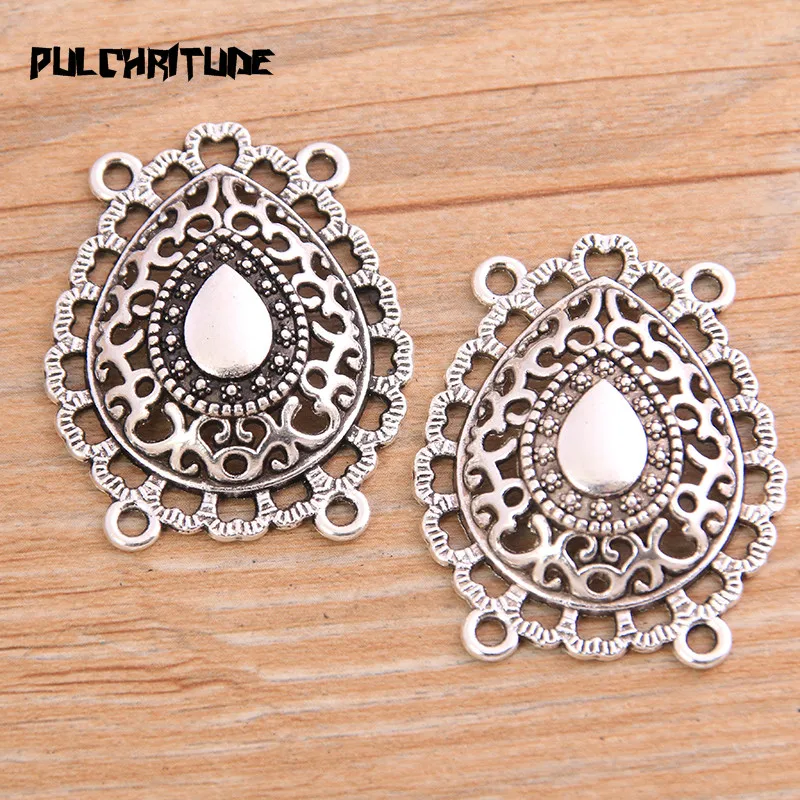 PULCHRITUDE 4pcs 31*39mm Retro Two Color Zinc Alloy Hollow Waterdrop Pendants Connectors Linker For DIY Charm Jewelry Accessorie