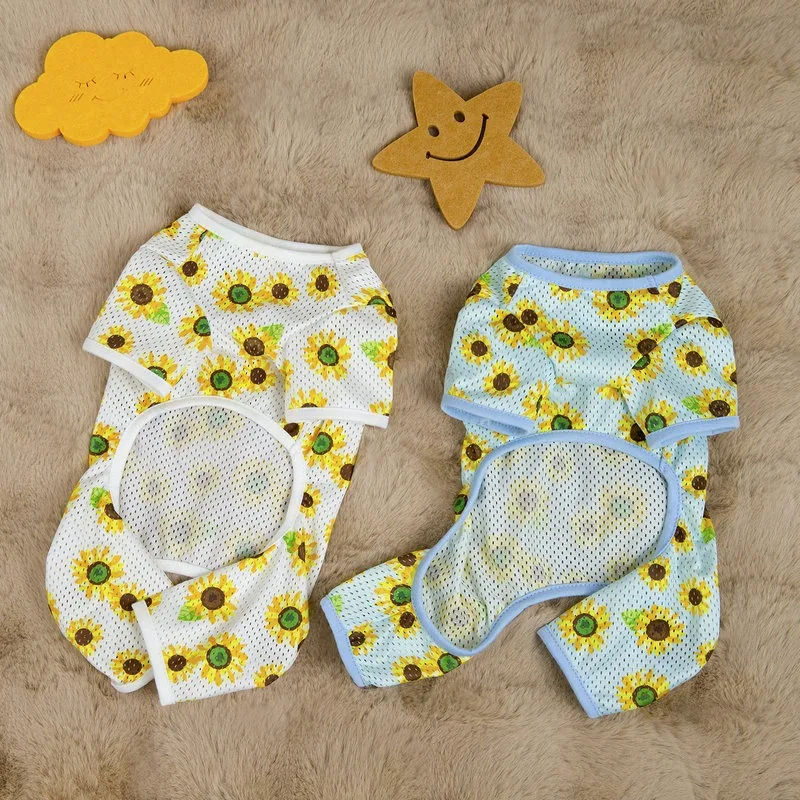 Cute Sunflower Pet Four Legged Pants Summer Dog Clothes Teddy Lightweight Comfortable Pullover Cool Mesh Bodysuit