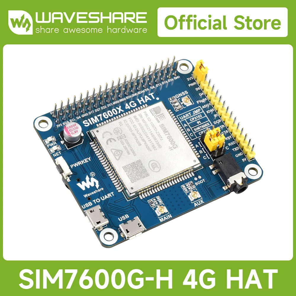 Waveshare SIM7600G-H 4G HAT For Raspberry Pi LTE Cat-4 4G/3G/2G Support, GNSS Positioning, Global Band,Cellular.Raspberry Pi SIM