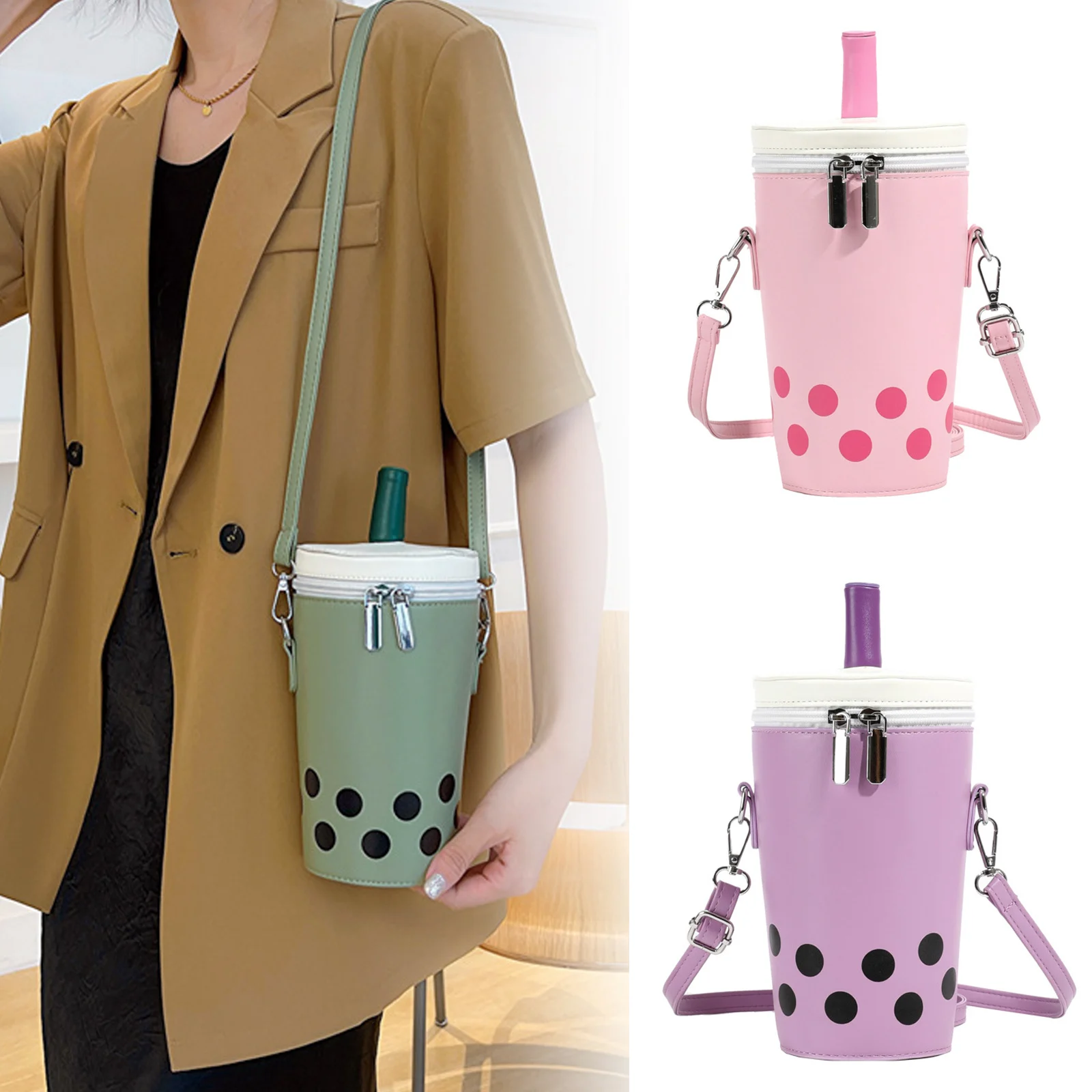 

New Brand Cute Cartoon Milk Tea Women Crossbody Bags Pu Bucket Female Shoulder Luxury Mobile Phone Bag