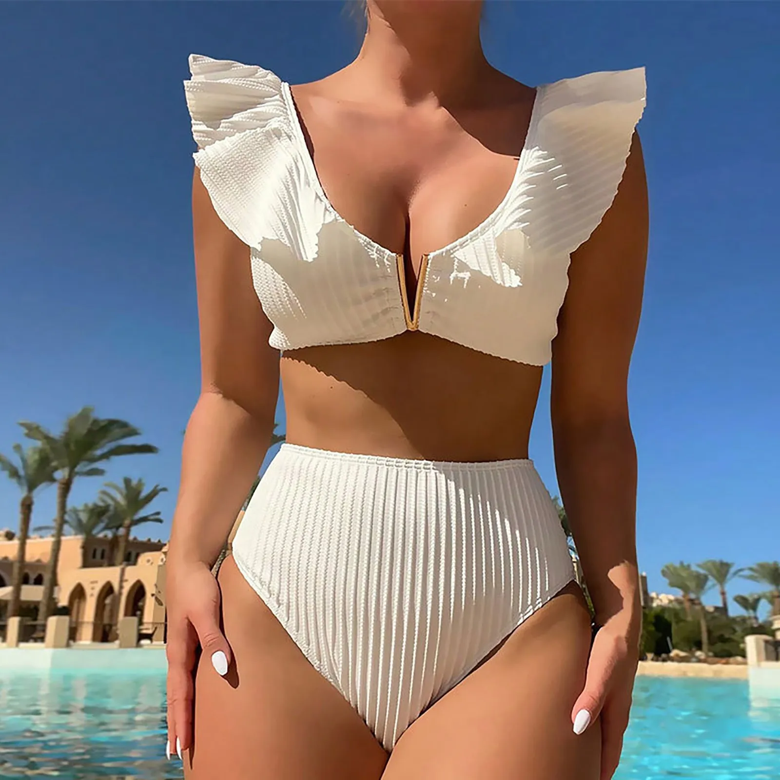 2024 Summer New Women\'s Swimwear Sexy V Neck Push Up Bra Ruffle Bikini Two Piece Swimsuit Fashion Solid Colour High Waist Bikini