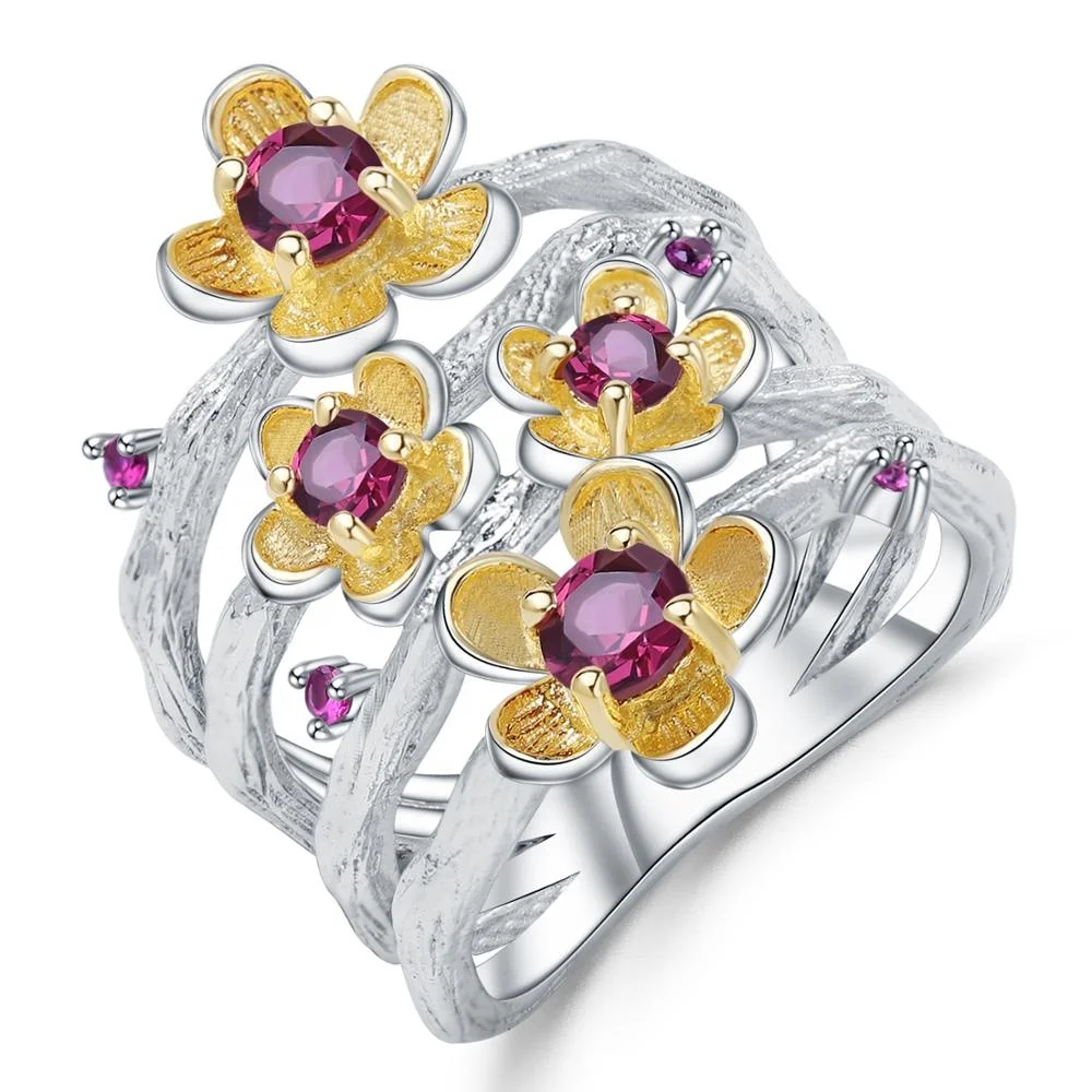 

Natural Rhodolite Garnet Simple Design 925 Sterling Silver Beautiful Flower Adjustable Rings