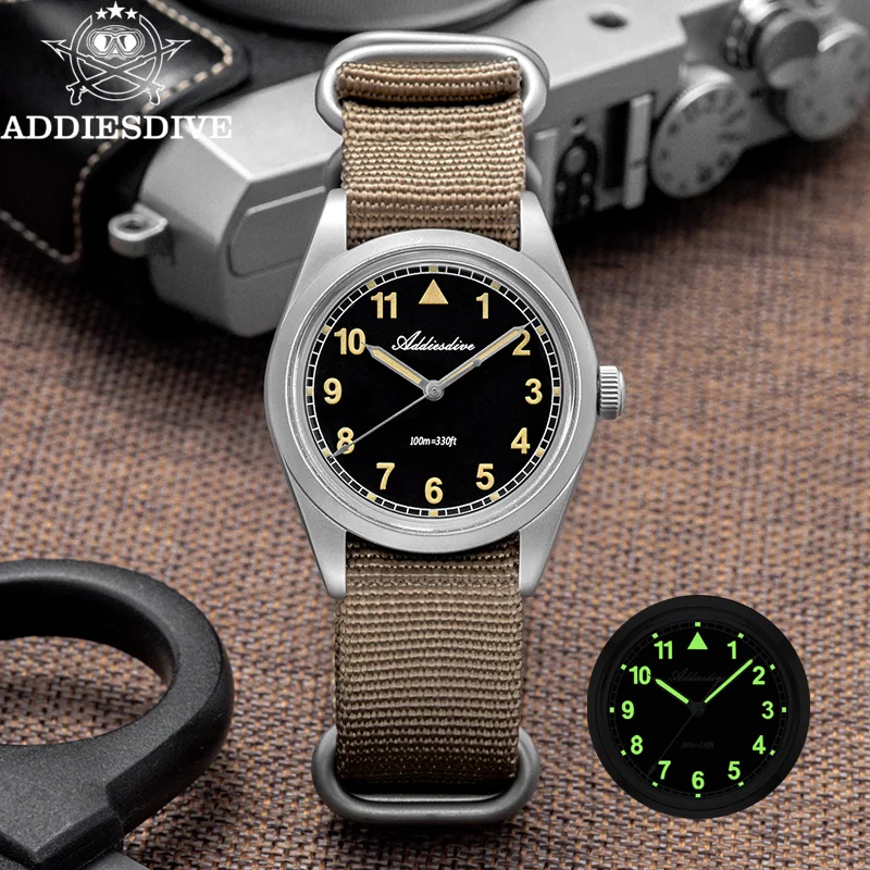 ADDIESDIVE 36mm Quartz Watches For Men 100m Waterproof K1 Bubble Glass Wristwatch Super Luminous Nylon Strap Vintage Watch Male