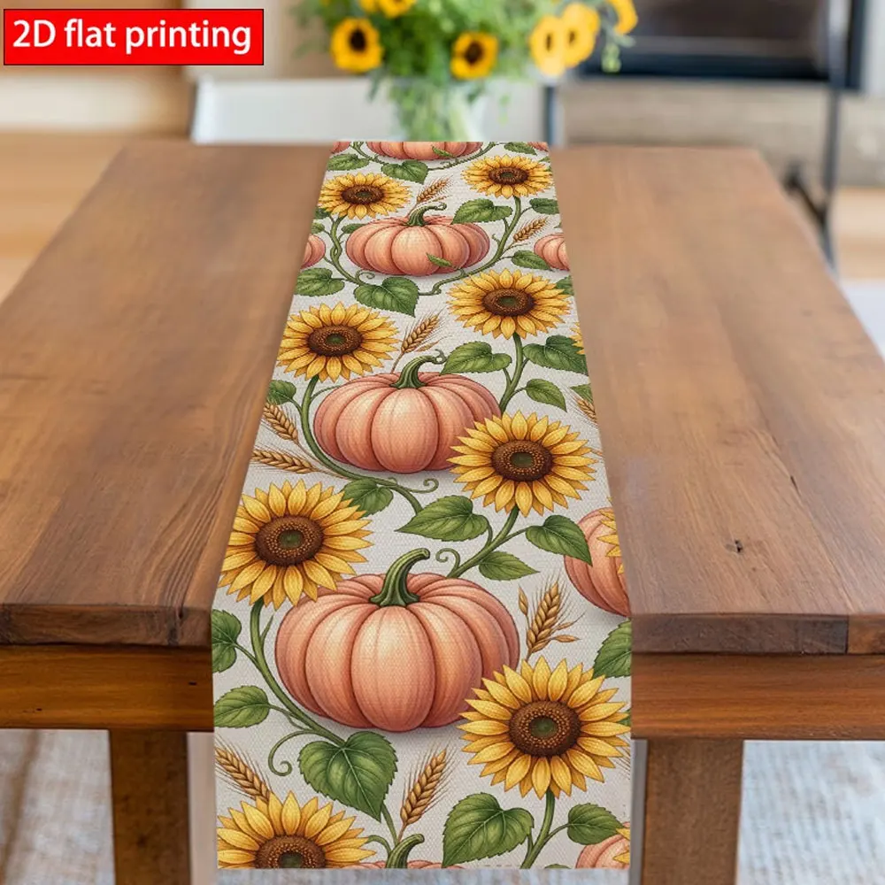 Linen Table Runner Watercolor Teal Orange Pumpkins with Fall Leaves Off White Autumn Decor