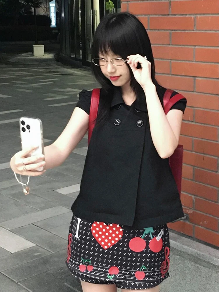 Luźny krój Street Sle, krótki rękaw, bluzka damska na lato, wyszczuplająca, z odkrytymi ramionami, zapinana na guziki, modna bluzka w stylu college.