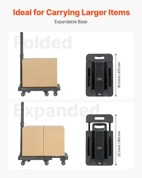 شاحنة يدوية قابلة للطي، سعة 500 رطل، عربة أمتعة قابلة للطي بـ 6 عجلات مع حبال مرنة وقاعدة قابلة للتوسيع، باللون الأسود