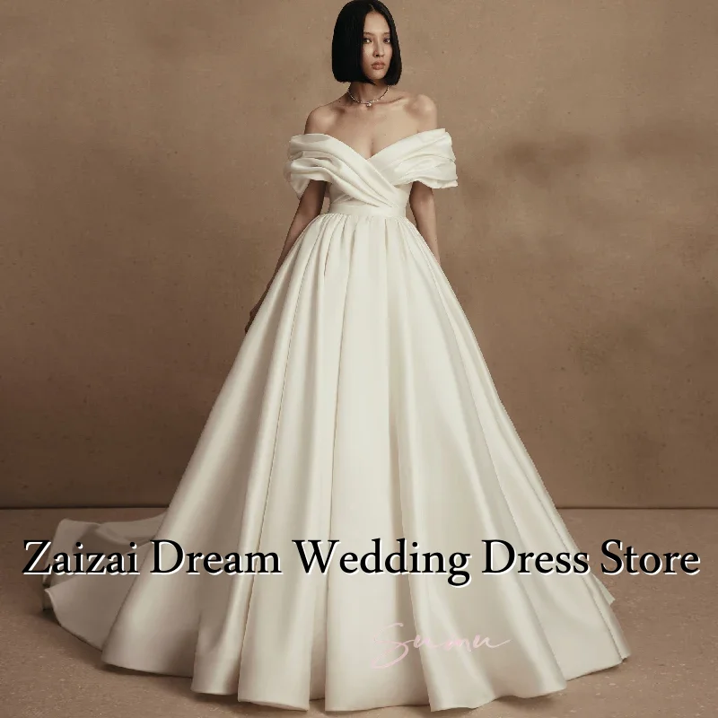 Suknie ślubne z satyny z odkrytymi ramionami, fason A-line, tren zamiatający, suknie ślubne Vestidos De Noiva