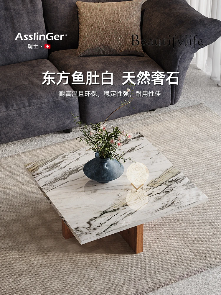 طاولة قهوة من الرخام الطبيعي لغرفة المعيشة، شقة منزلية صغيرة، طاولة قهوة حجرية بيضاء فاخرة لبطن السمك #3