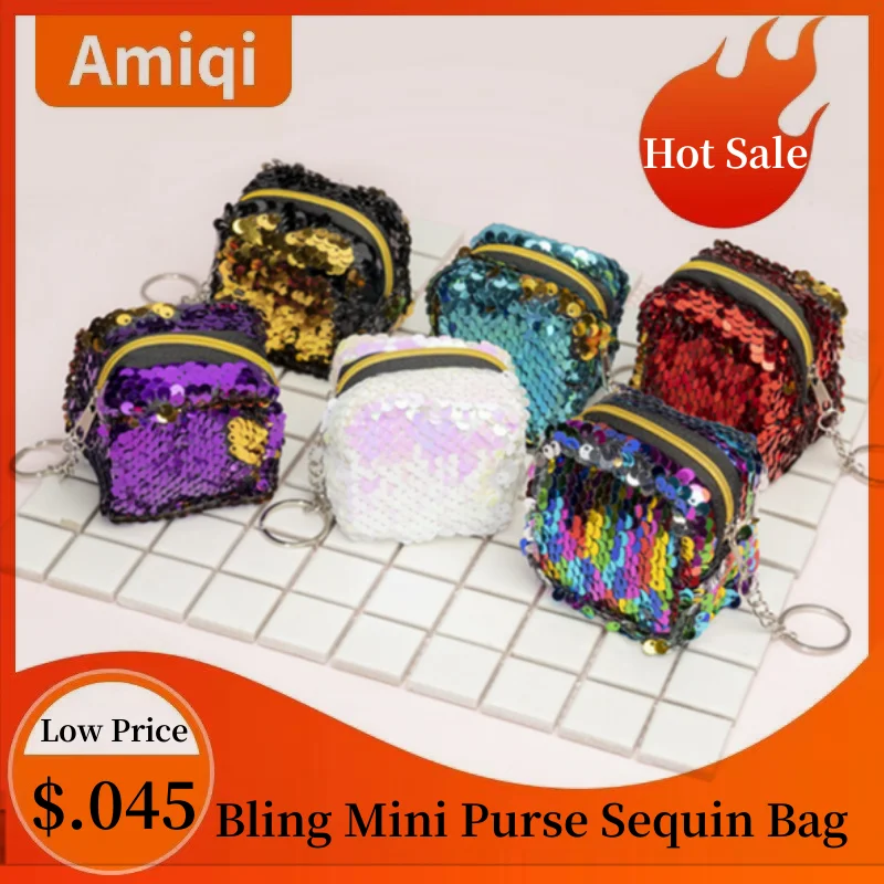 Amiqi Reflective Sequined Coin Wallet Zipper Bag Zipper Mini Case Pouch Card Holder Fashion Key Chain Purse Kids Gifts Monedero