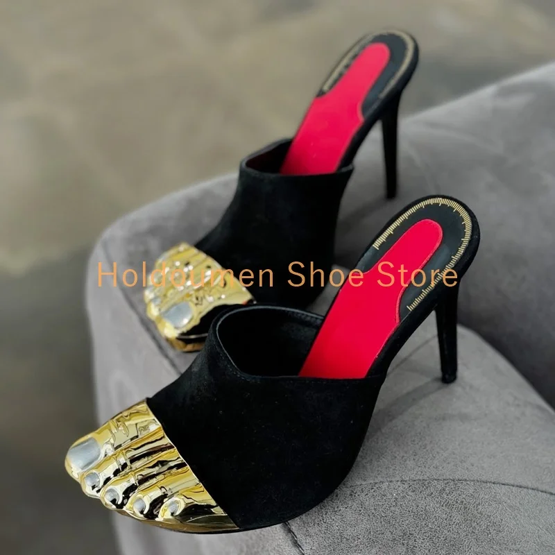 

Женские тапочки с острым носком, золотистые, с пятью пальцами, роскошные черные, золотые, сращенные ​ ​ материал Тапочки на шпильке в странном стиле