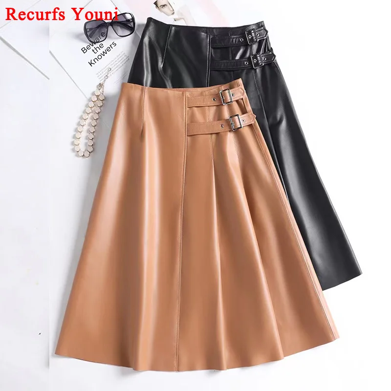 

Women Leather Skirts European Stylish Mid-length 100% Sheepskin Buckle A-line Jupe Longue Femme Asymmetric Pleated Grey Faldas