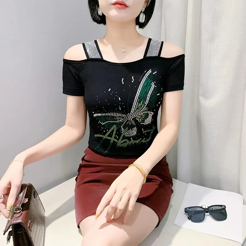 Fashion Luxury Hot Diamonds T-shirt Women's Chic Sexy Off Shoulder Short Sleeve Tees Summer Elegant Female Slim Top Blouse