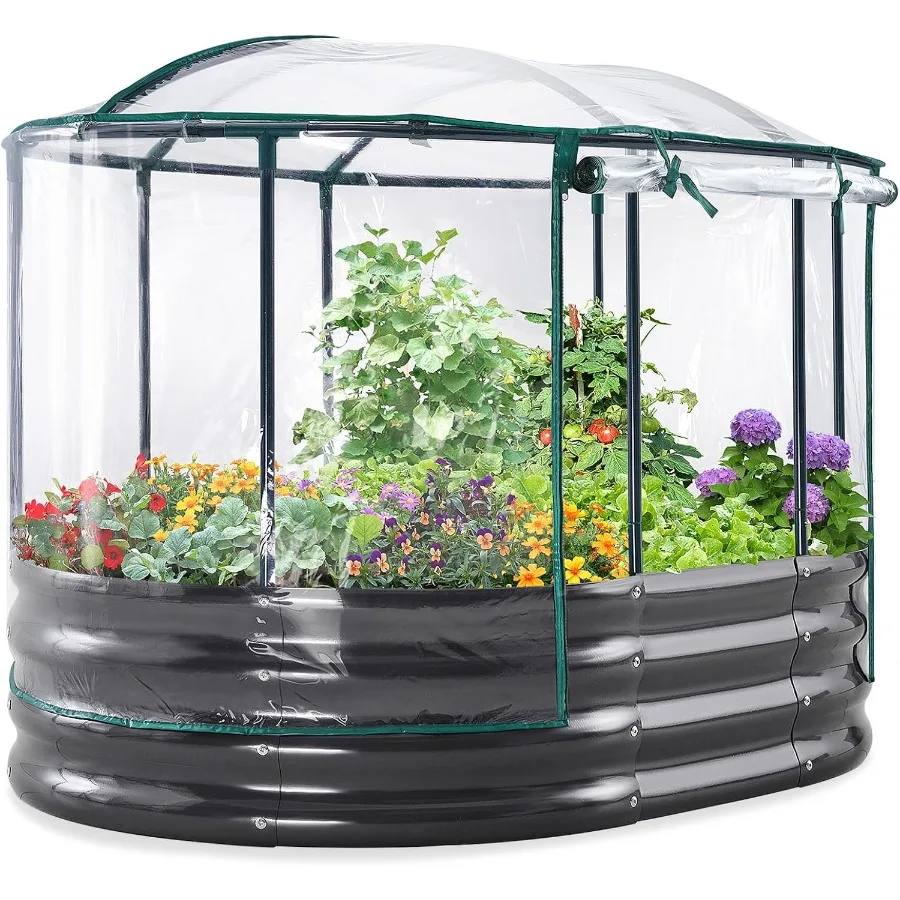 

KING BIRD Raised Garden Bed with Cover Galvanized Oval Planter Garden Box Outdoor for Gardening Vegetables Flowers 47.2x35.4x11