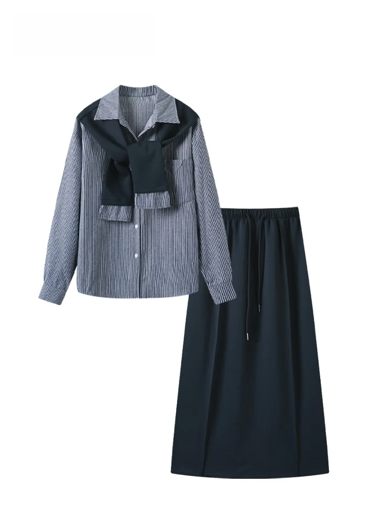 

Комплект из рубашки и юбки больших размеров для женщин: новая модная коллекция ранней весны, рубашка с длинным рукавом и юбка миди, элегантный комплект больших размеров.