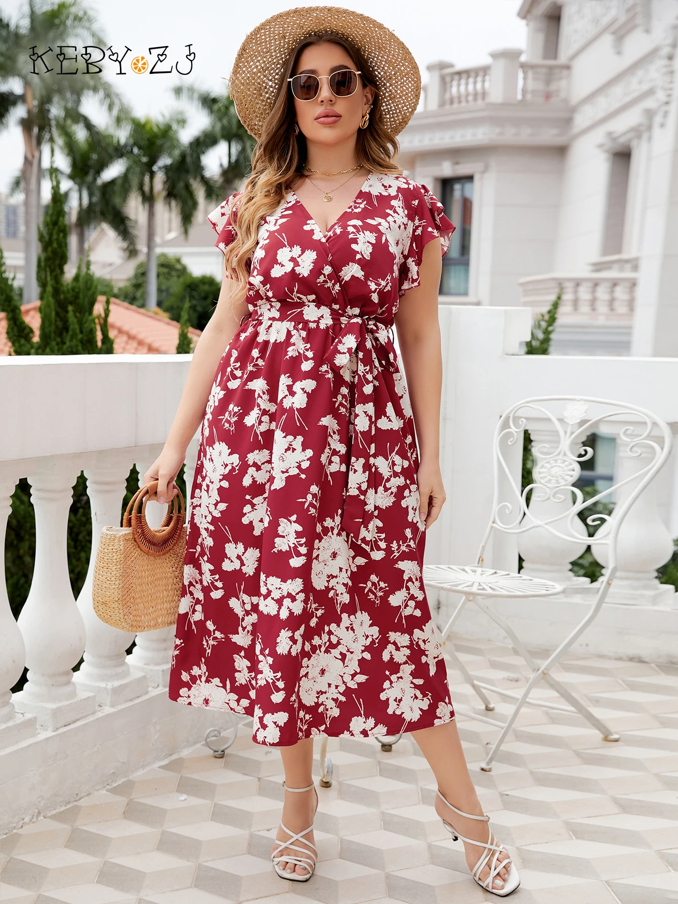 KEBY ZJ Plus Size Floral Print Butterfly Sleeve Belted Dress Women Boho Summer V Neck High Waist A-line Vacation Long Dresses