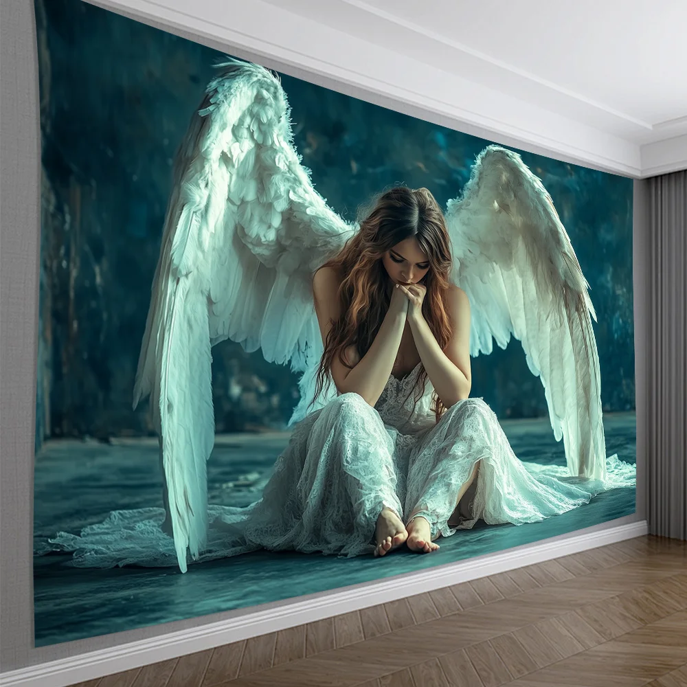 Serene Angel Tapestry: Ethereal Wings and Graceful Pose for a Tranquil Home Decor