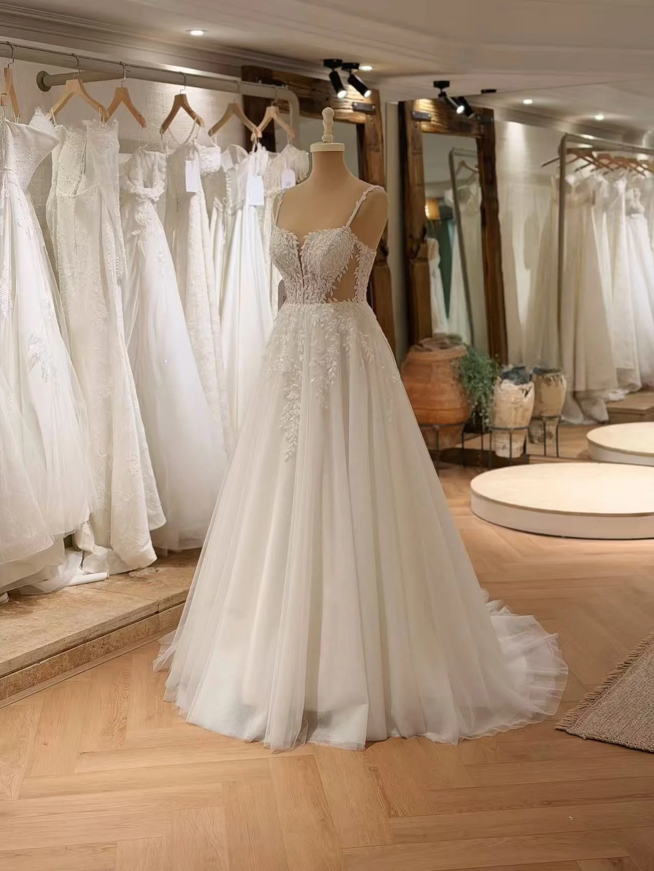 Spaghetti Straps A‑Line Wedding Dress Lace Appliques Sheer Side Cutout Tulle Bridal Gown Court Train Custom Size Custom Made
