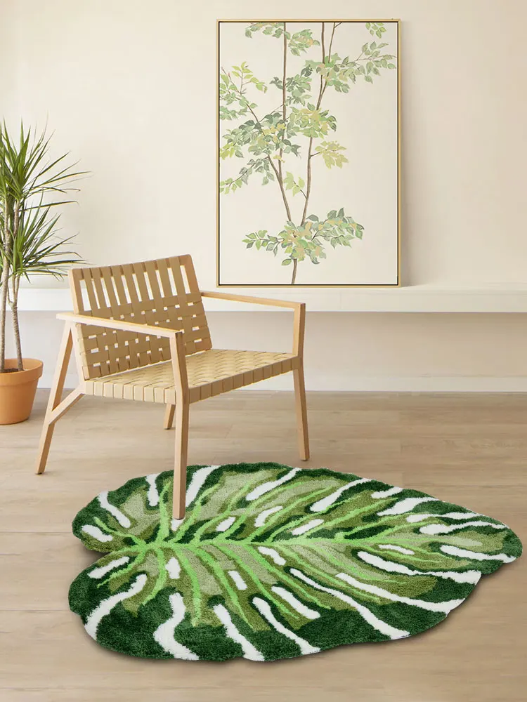 Irregular Plant Monstera Tufted Rug Plush Tropical Leaf Area Rug for Living Room Bathroom Green Monstera Fluffy Bath Floor Mat