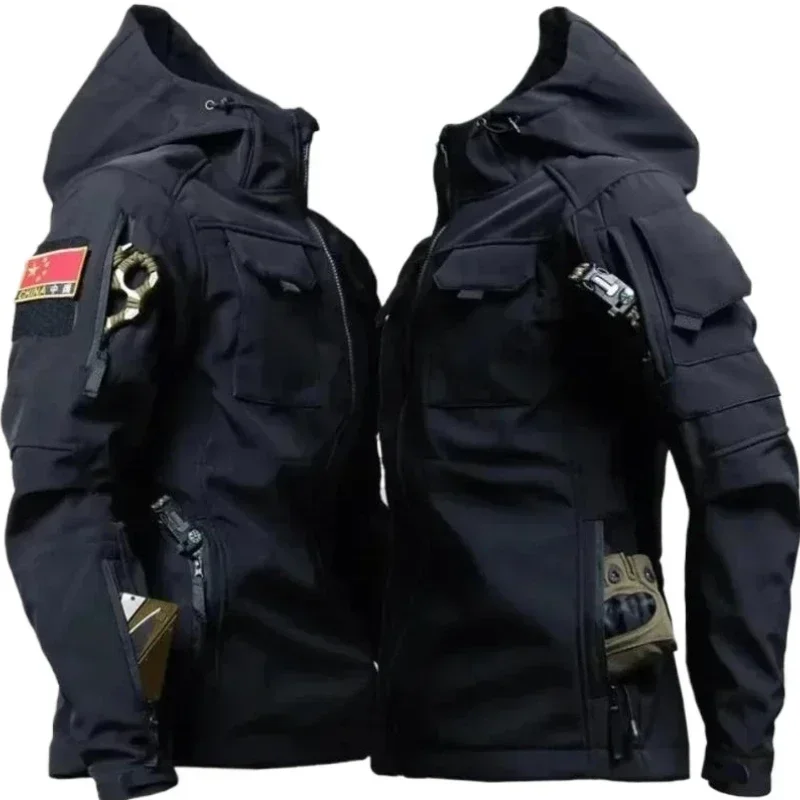 Men Winter Hooded Plush Thick Tactical Jacket Soft Shell Windproof Waterproof Windbreaker Outdoor Multi Pocket Wool Coat