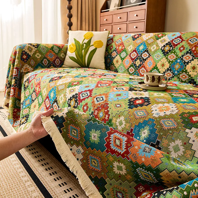 Boho Colour Plaid Sofa Cover Cotton Linen Jacquard Sofa Covers One-Piece Anti Scratch Sofa Towel Color Multifunctional Blankets