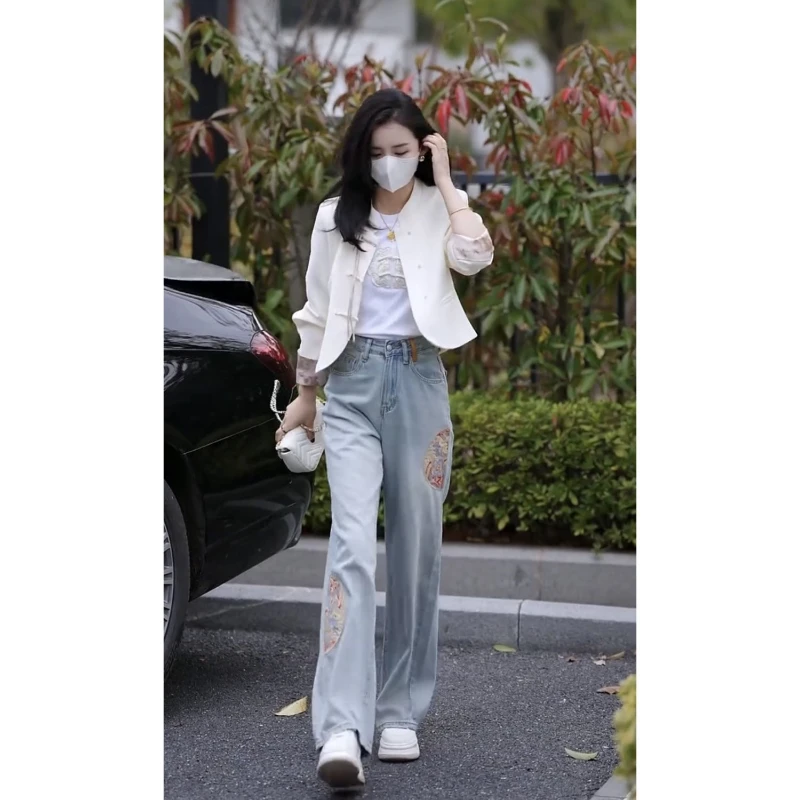 

New Chinese Style Loose Trousers Embroidery Straight Leg Narrow Jeans Spring Autumn Show Thin Baggy Softener Wide Leg Pants