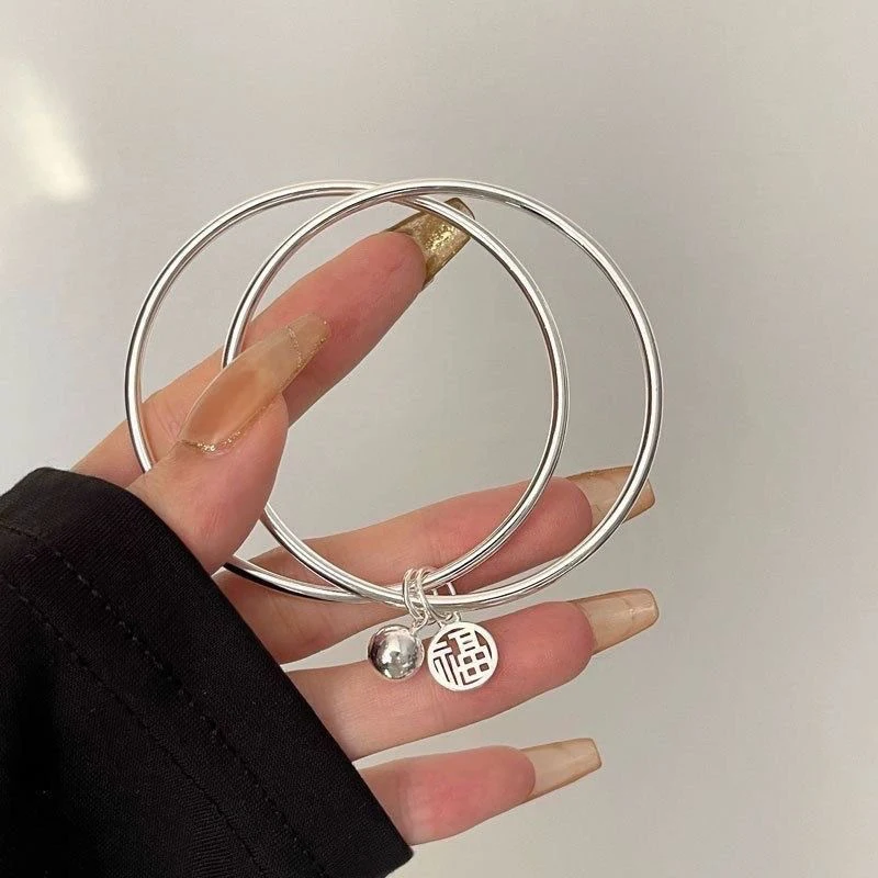 [HS]#Double Layer Fu Bell Bracelet Silver Color Elegant Pendant Bangle For Women Trend Adjustable Opening Charm Fashion Jewelry