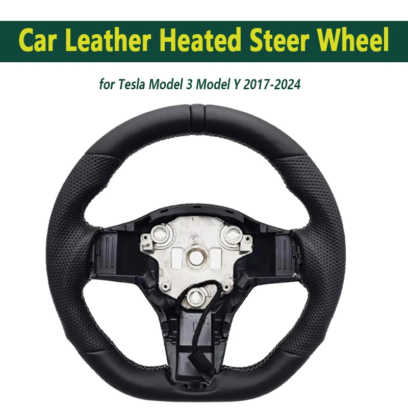 

Car Leather Steer Wheel for Tesla Model 3 Model Y 2017-2024 Circular Sport Perforated Leather Steer Wheel with Heated Function